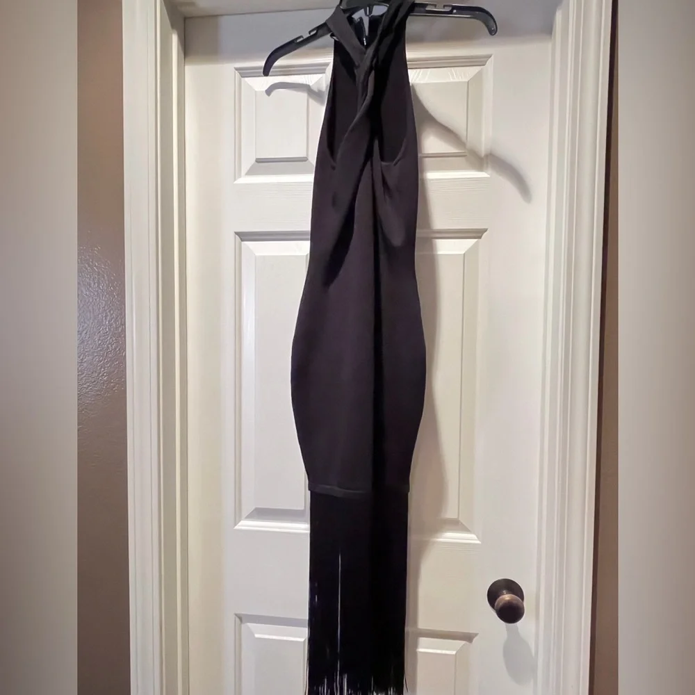 bebe Black Halter Midi Dress with Fringe - Picture 5 of 8